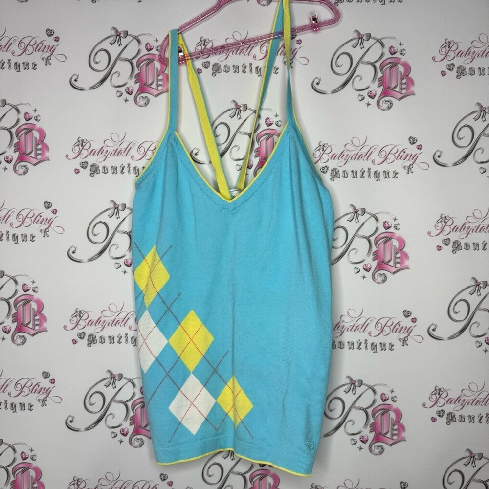 ESPIRIT tank top argyle print and stripes on the back blue yellow white red